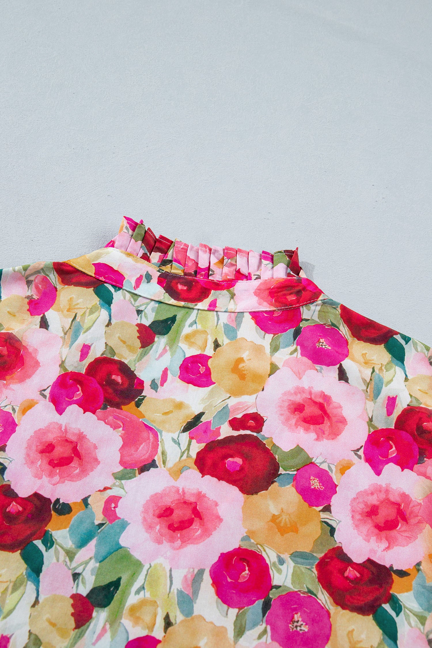 Pink Plus Size Flower Print Split V Neck Puff Short Sleeve Top-Plus Size/Plus Size Tops/Plus Size Blouses & Shirts-[Adult]-[Female]-2022 Online Blue Zone Planet