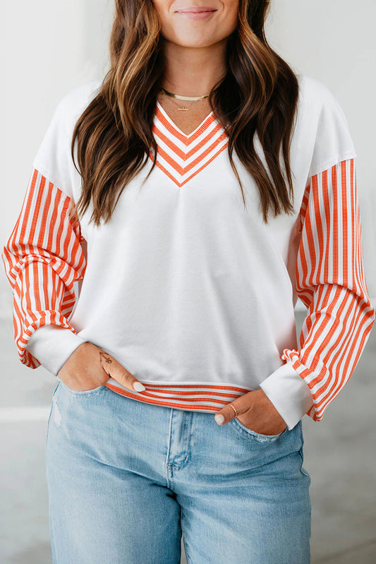 Orange Stripe V Neck Drop Shoulder Patchwork Long Sleeve Top-Tops/Long Sleeve Tops-[Adult]-[Female]-Orange Stripe-S-2022 Online Blue Zone Planet