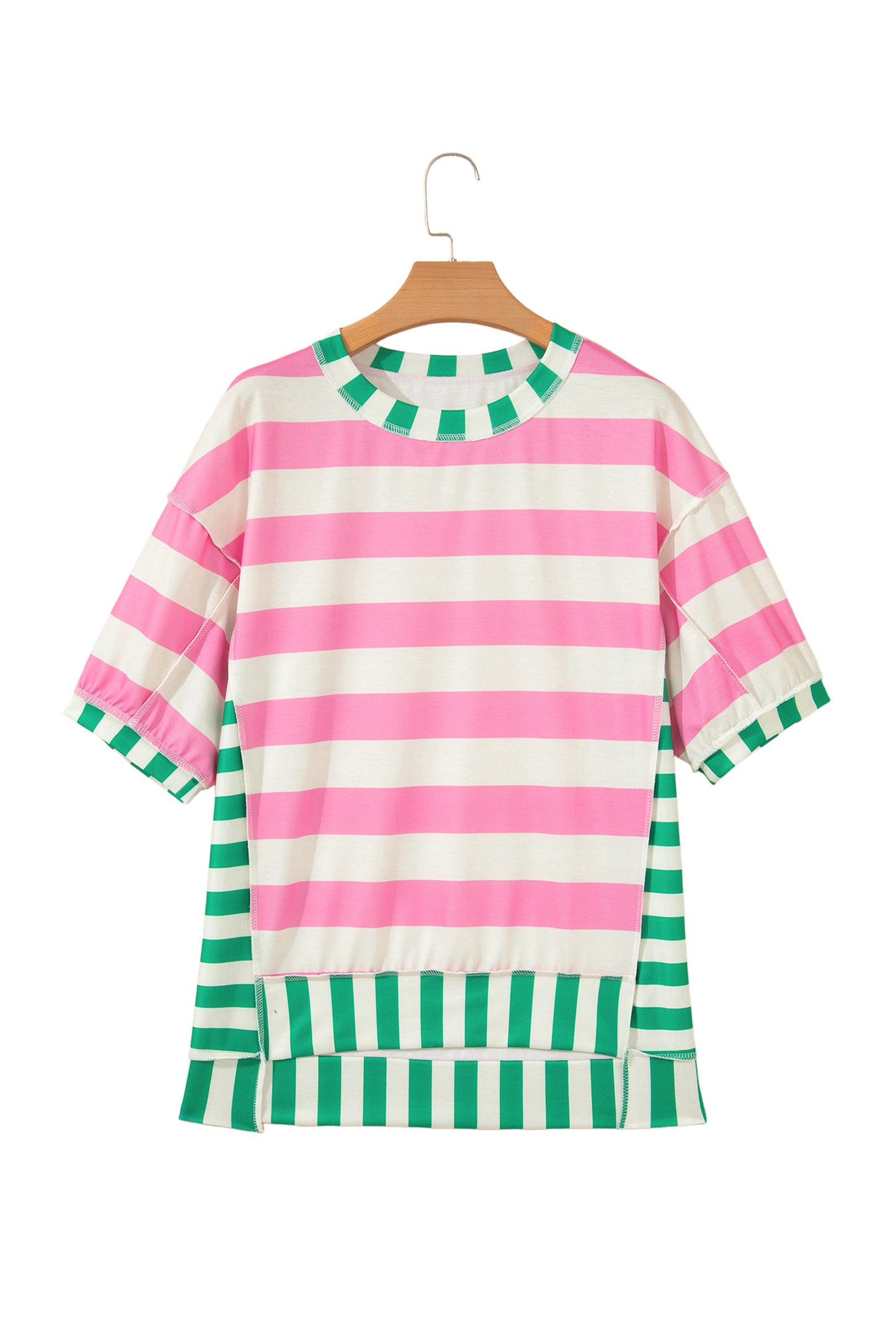 Pink Stripe Exposed Seam Contrast Patchwork Oversized Top-Tops/Tops & Tees-[Adult]-[Female]-2022 Online Blue Zone Planet