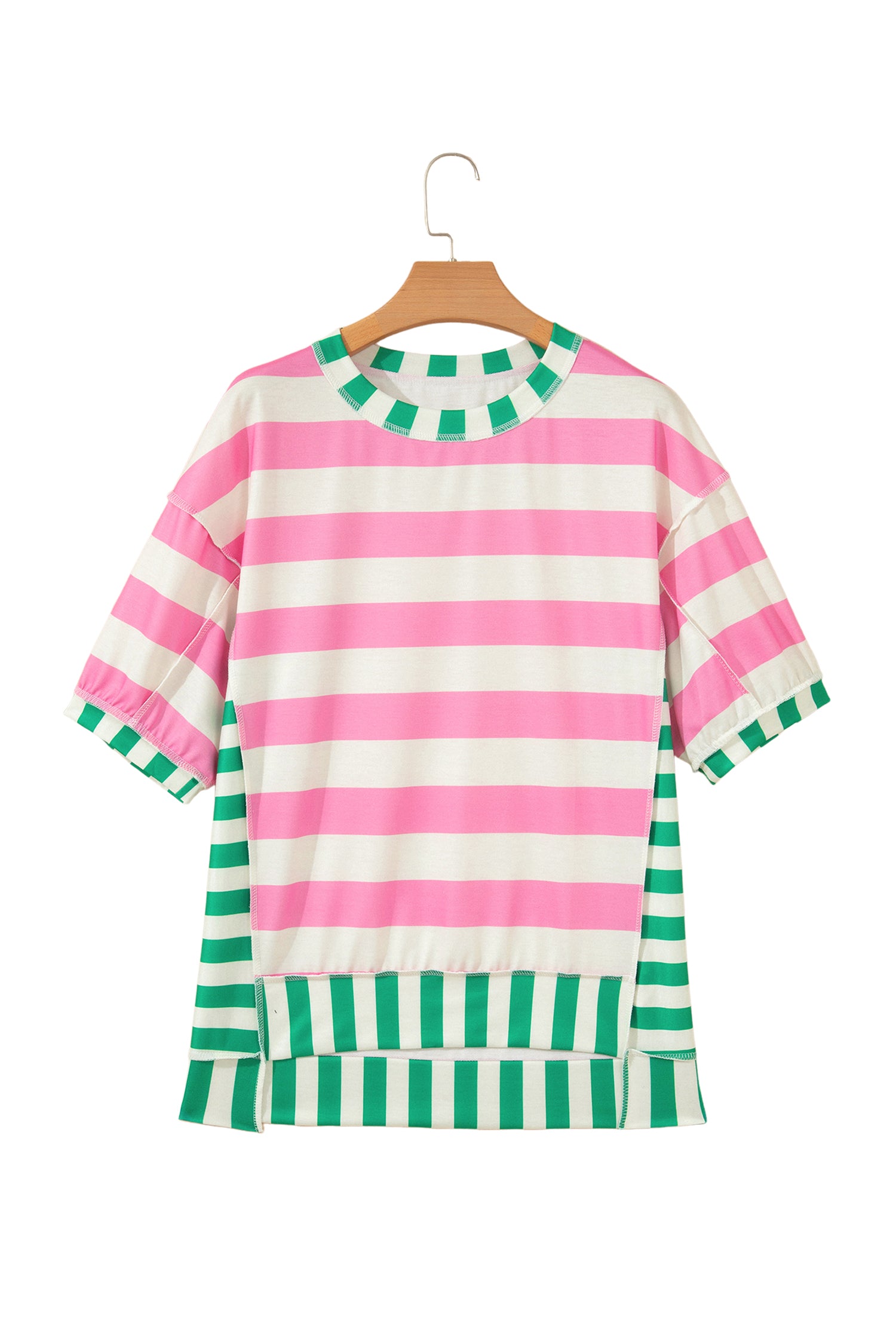 Pink Stripe Exposed Seam Contrast Patchwork Oversized Top-Tops/Tops & Tees-[Adult]-[Female]-2022 Online Blue Zone Planet