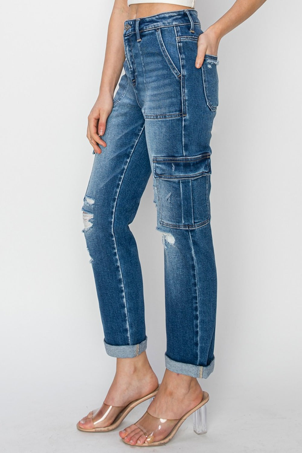 RISEN Full Size High Rise Cargo Ankle Roll Up Straight Jeans-BOTTOMS SIZES SMALL MEDIUM LARGE-[Adult]-[Female]-2022 Online Blue Zone Planet