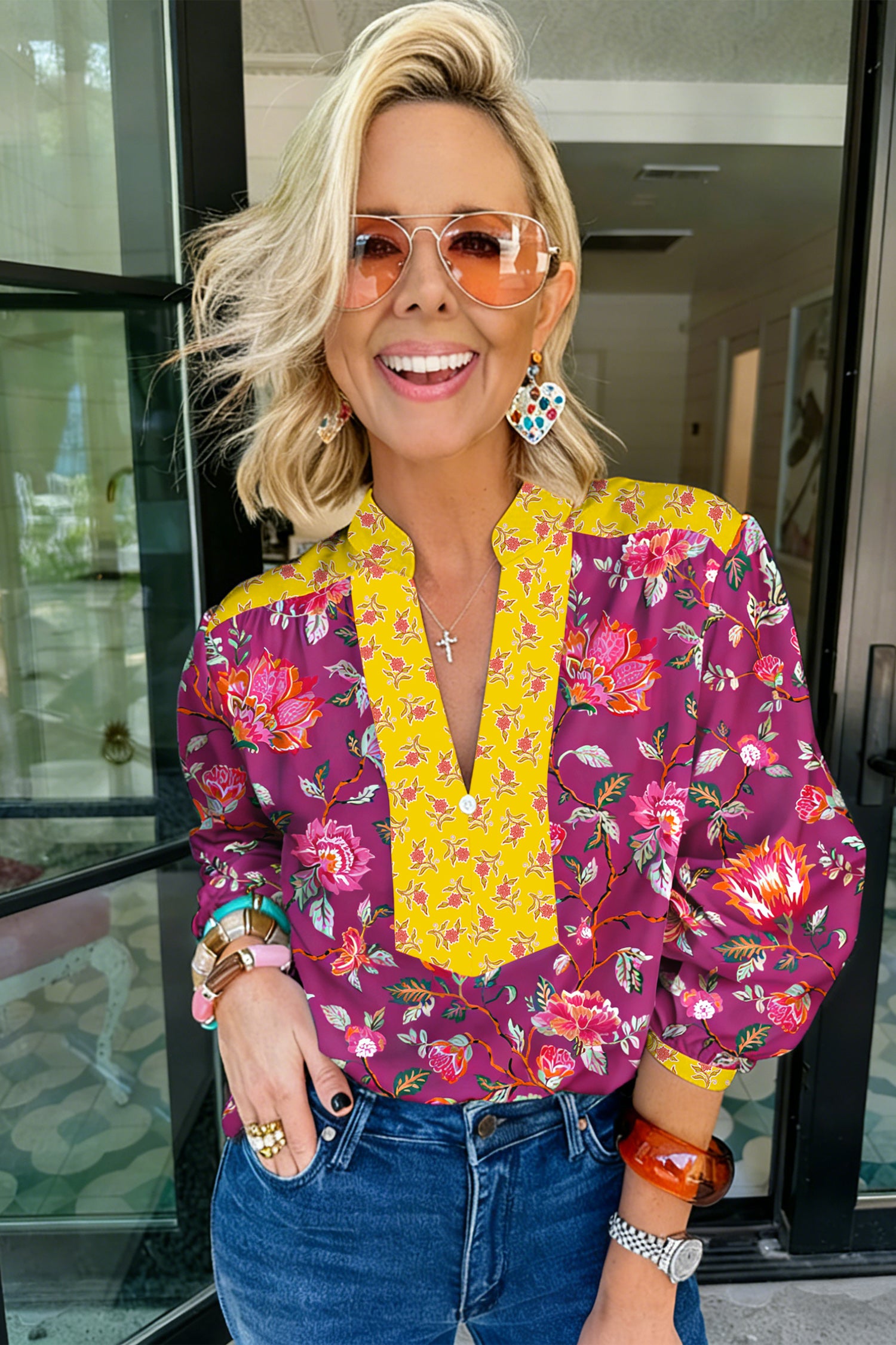 Rose Contrast Placket Split V Neck Floral Blouse-Tops/Blouses & Shirts-[Adult]-[Female]-2022 Online Blue Zone Planet