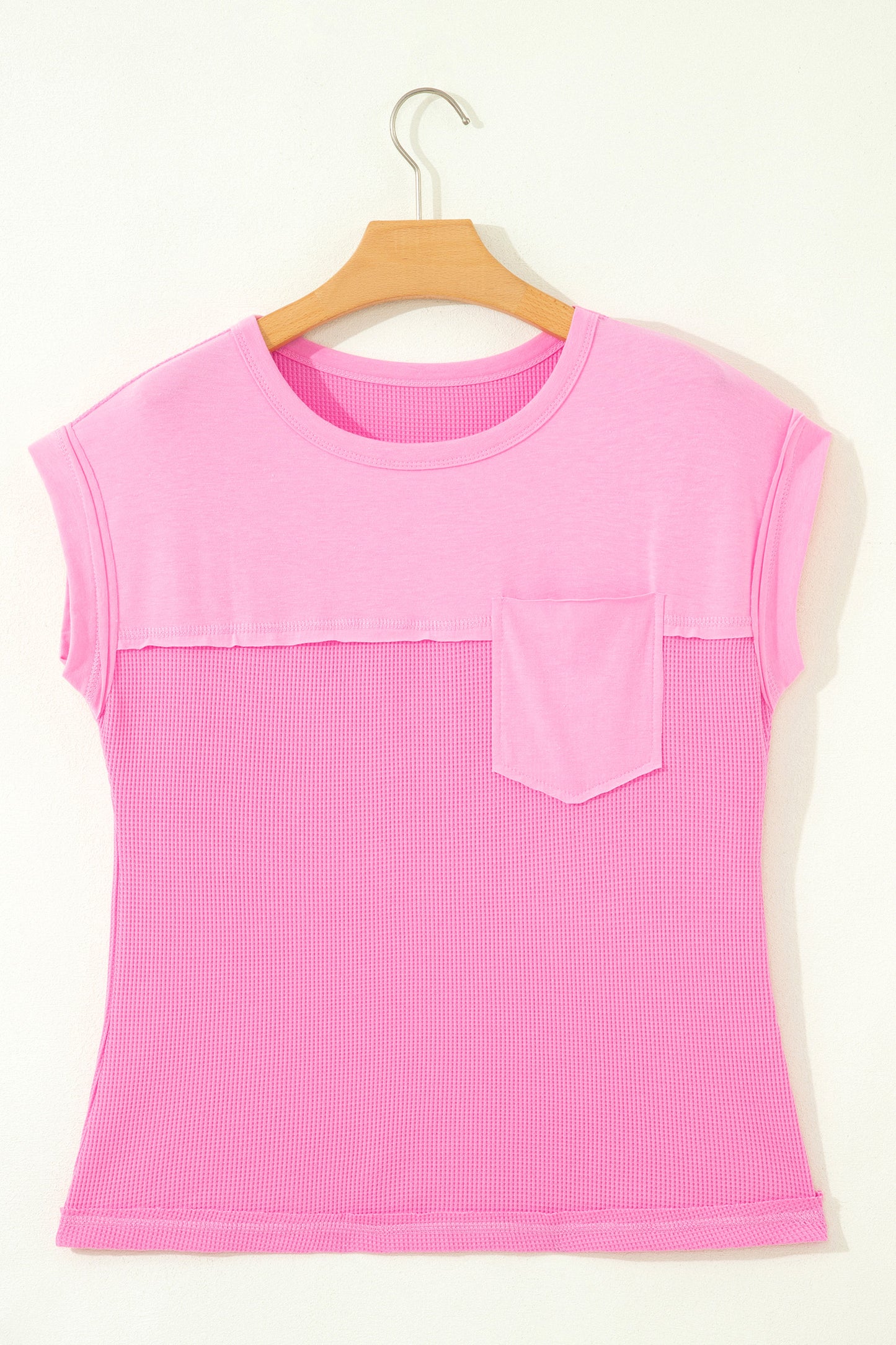 Pink Solid Color Raw Seam Waffled Patchwork Casual T Shirt-Tops/Tops & Tees-[Adult]-[Female]-2022 Online Blue Zone Planet