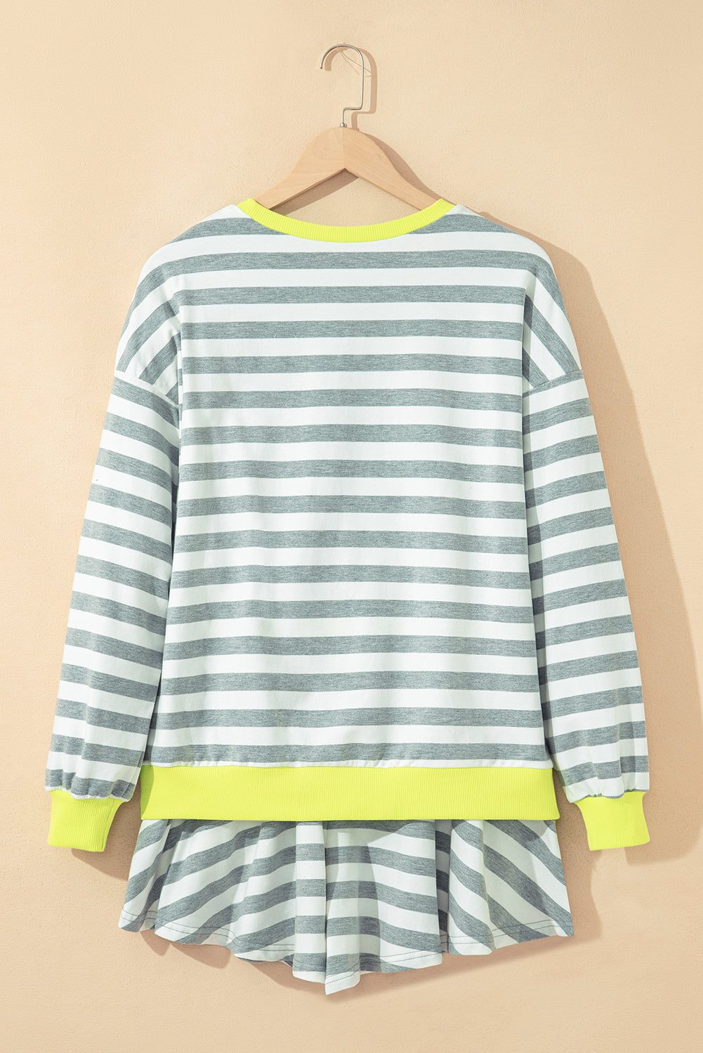 Gray Stripe Contrast Ribbed Banding Long Sleeve Blouse Loose Shorts Set-Two Piece Sets/Short Sets-[Adult]-[Female]-2022 Online Blue Zone Planet