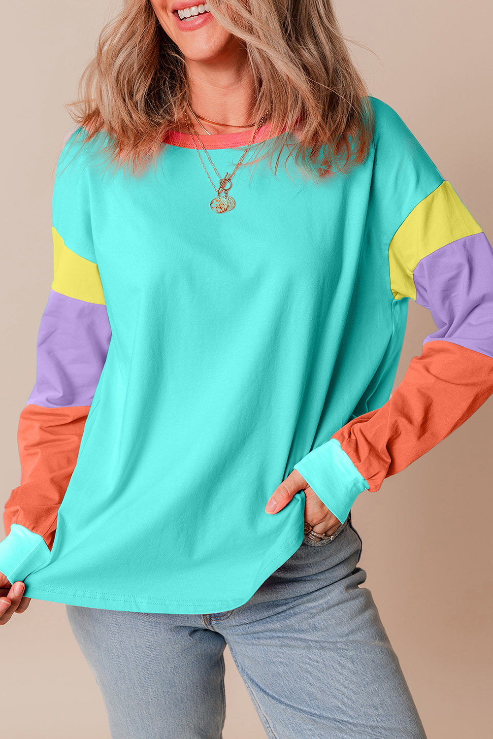 Blue Zone Planet | Green Colorblock Patchwork Long Sleeve Loose Top-TOPS / DRESSES-[Adult]-[Female]-2022 Online Blue Zone Planet