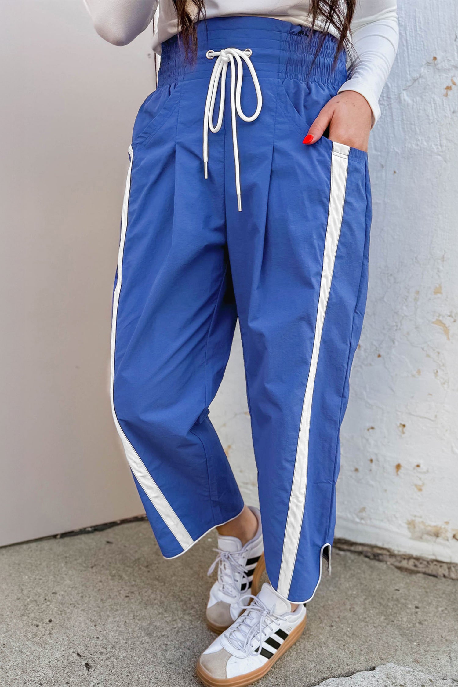 Black Contrast Striped Smocked Waist Drawstring Cropped Casual Pants-Bottoms/Pants & Culotte-[Adult]-[Female]-2022 Online Blue Zone Planet
