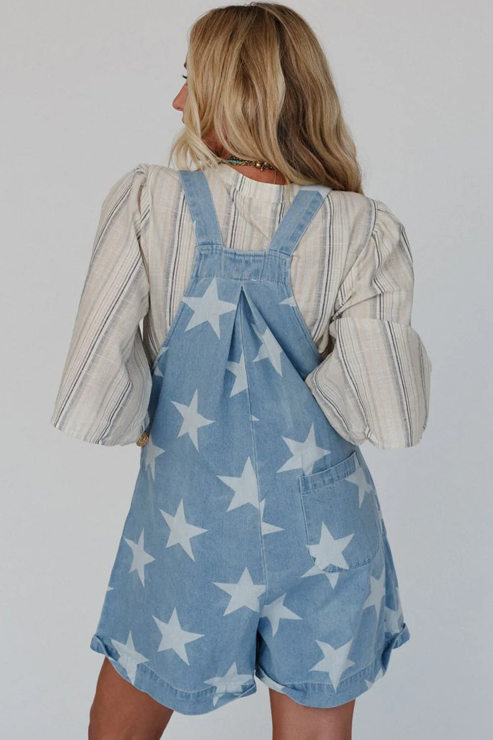 Blue Zone Planet | Light Blue Star Printed Buttoned Straps Pocketed Denim Romper-Bottoms/Jumpsuits & Rompers-[Adult]-[Female]-2022 Online Blue Zone Planet