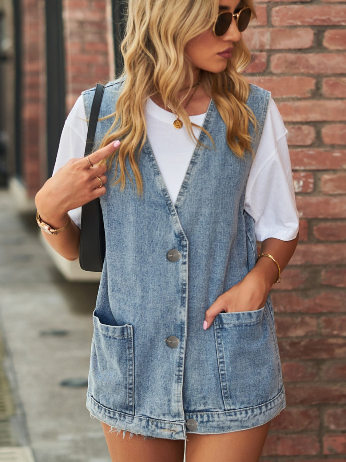 Full Size V-Neck Button Up Denim Vest-TOPS / DRESSES-[Adult]-[Female]-2022 Online Blue Zone Planet