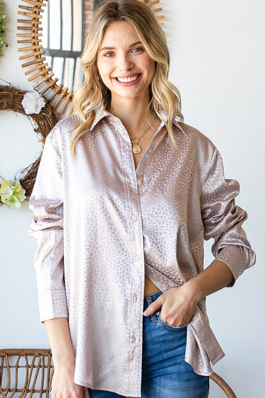 First Love Full Size Ditsy Dot Button Down Collared Satin Shirt-TOPS / DRESSES-[Adult]-[Female]-Sand-S-2022 Online Blue Zone Planet