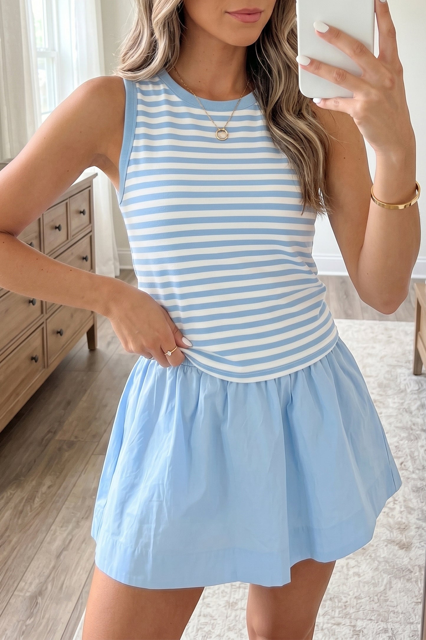 Sky Blue Stripe Slim Tank Contrast Ruffle Mini Skirt Set-Two Piece Sets/Two Piece Dresses-[Adult]-[Female]-Sky Blue Stripe-S-2022 Online Blue Zone Planet