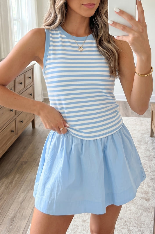 Sky Blue Stripe Slim Tank Contrast Ruffle Mini Skirt Set-Two Piece Sets/Two Piece Dresses-[Adult]-[Female]-Sky Blue Stripe-S-2022 Online Blue Zone Planet