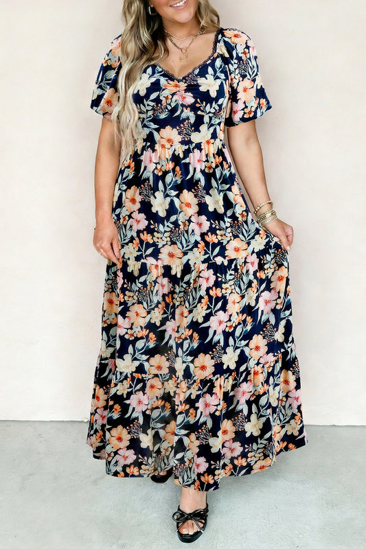 Blue Short Sleeve Smocked Detail High Waist Floral Maxi Dress-Dresses/Floral Dresses-[Adult]-[Female]-Blue-S-2022 Online Blue Zone Planet