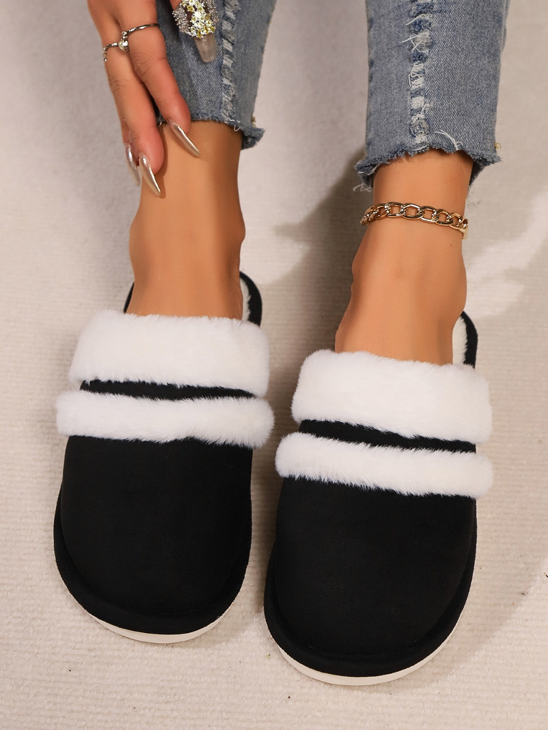 Contrast Faux Fur Round Toe Slippers-SHOES-[Adult]-[Female]-2022 Online Blue Zone Planet