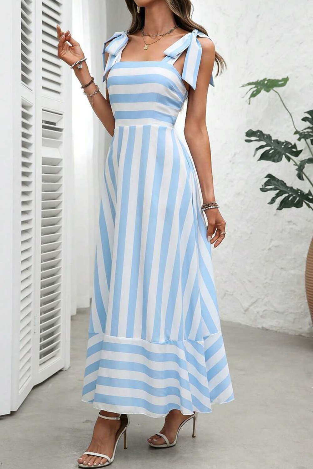 Black Geometric Striped Knot Strap Maxi Dress-Maxi Dresses-[Adult]-[Female]-2022 Online Blue Zone Planet
