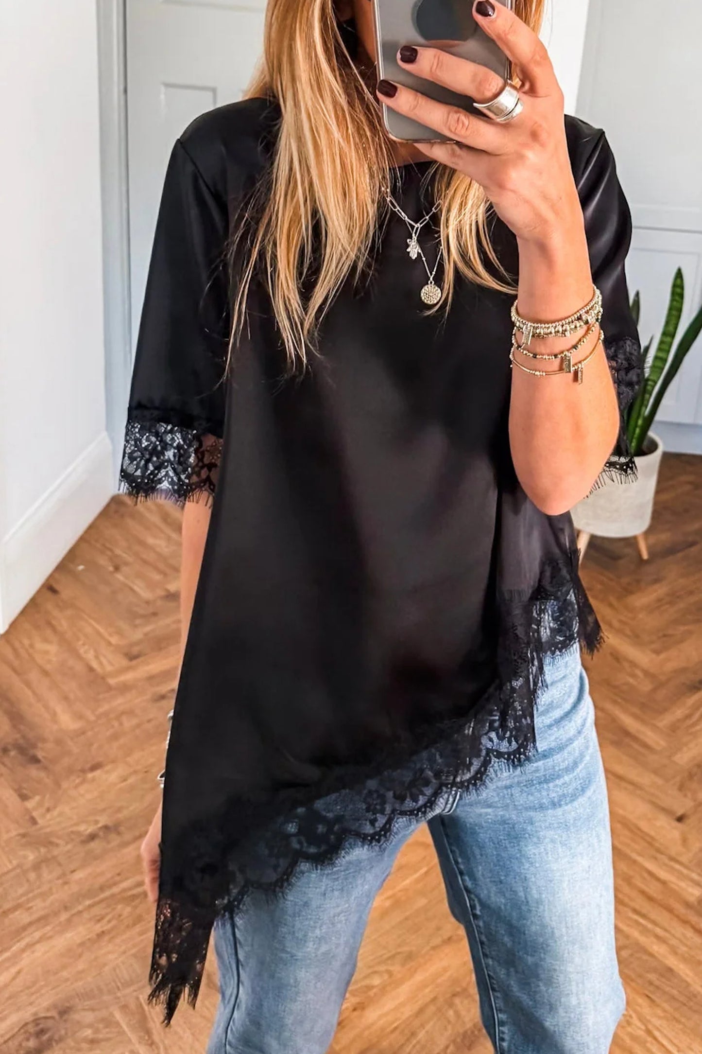 Black Asymmetric Lace Trim Short Sleeve Satin Top-Tops/Blouses & Shirts-[Adult]-[Female]-Black-S-2022 Online Blue Zone Planet