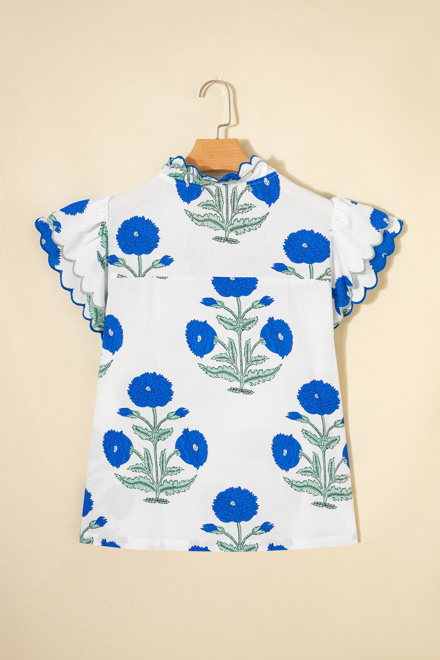 Blue Wild Flower Print Contrast Trim Scallop Detail Short Sleeve Blouse-Tops/Blouses & Shirts-[Adult]-[Female]-2022 Online Blue Zone Planet