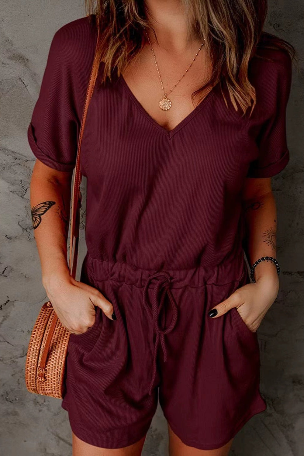 Full Size Drawstring V-Neck Short Sleeve Romper-TOPS / DRESSES-[Adult]-[Female]-Burgundy-S-2022 Online Blue Zone Planet