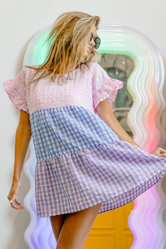 BiBi Plaid Color Block Tiered Top-TOPS / DRESSES-[Adult]-[Female]-Blush/Blue/Lavender-S-2022 Online Blue Zone Planet