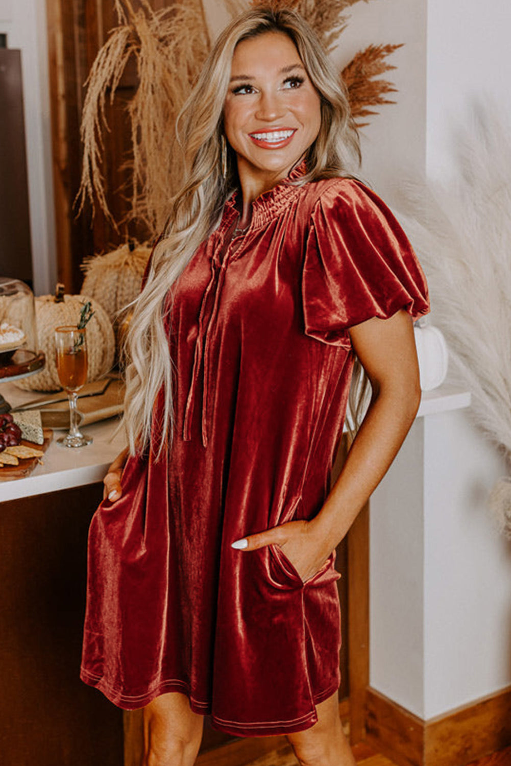 Cinnamon Velvet Smocked Neckline Puff Sleeve Shift Mini Dress - Blue Cinnamon / M / 95%Polyester+5%Elastane by Blue Zone Planet Cinnamon Velvet Smocked Neckline Puff Sleeve Shift Mini Dress - Blue Cinnamon / M / 95%Polyester+5%Elastane by Blue Zone Planet