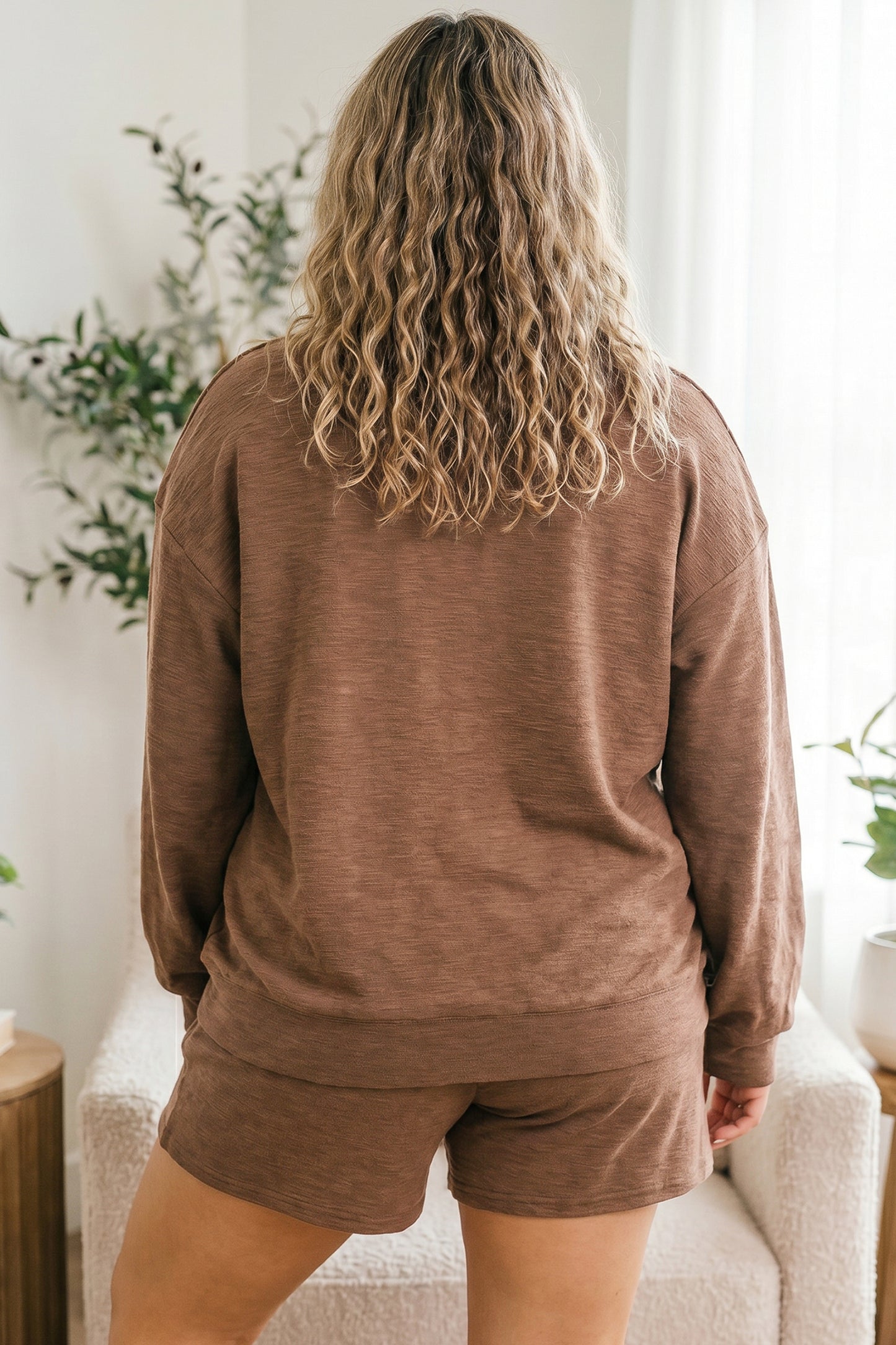 Chestnut Drop Shoulder Long Sleeve Top Elastic Waist Shorts Plus Size Set-Plus Size/Plus Size Loungewear-[Adult]-[Female]-2022 Online Blue Zone Planet