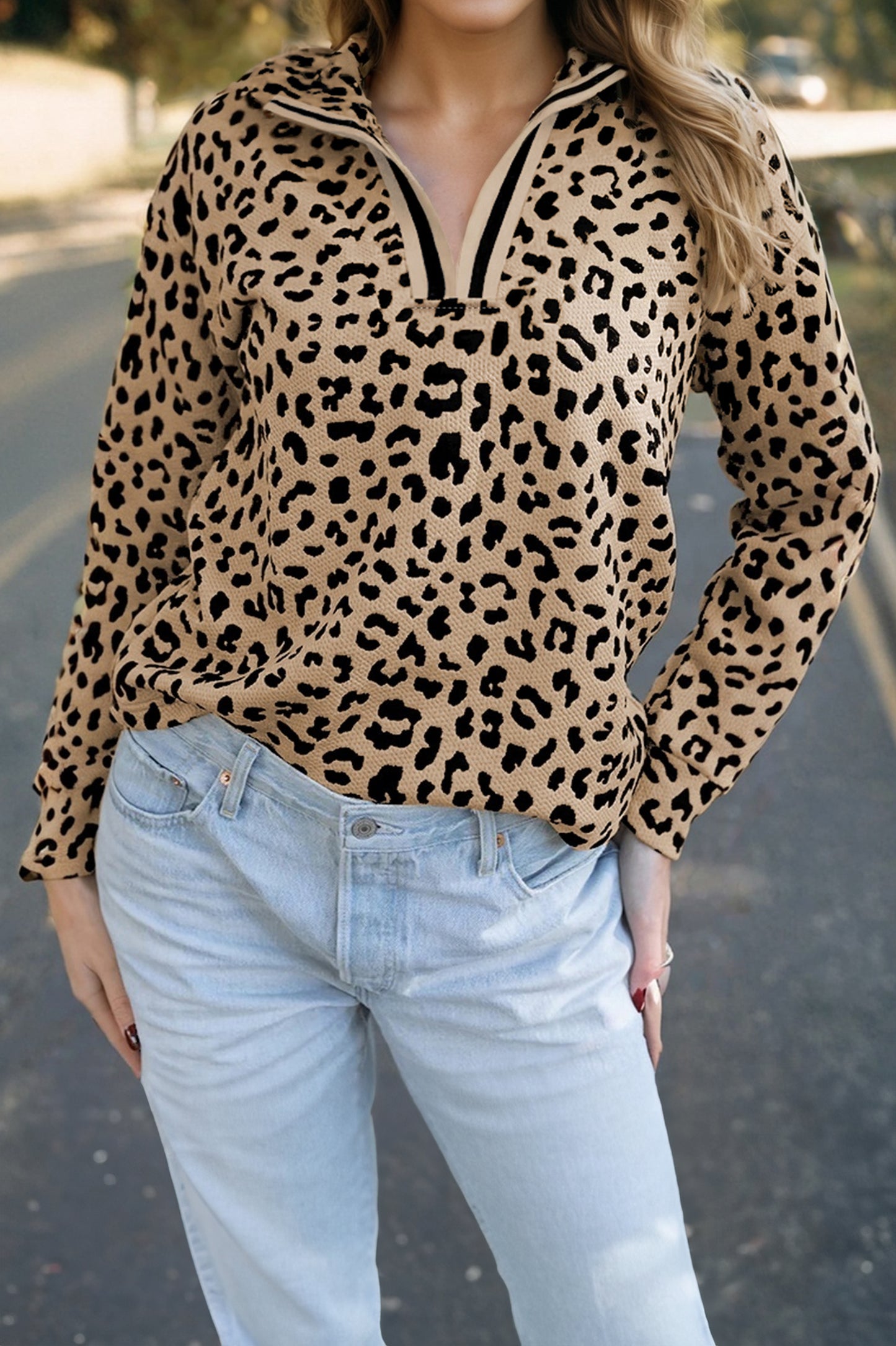 Parchment Leopard Polo Collar V Neck Pullover Top-Tops/Long Sleeve Tops-[Adult]-[Female]-2022 Online Blue Zone Planet