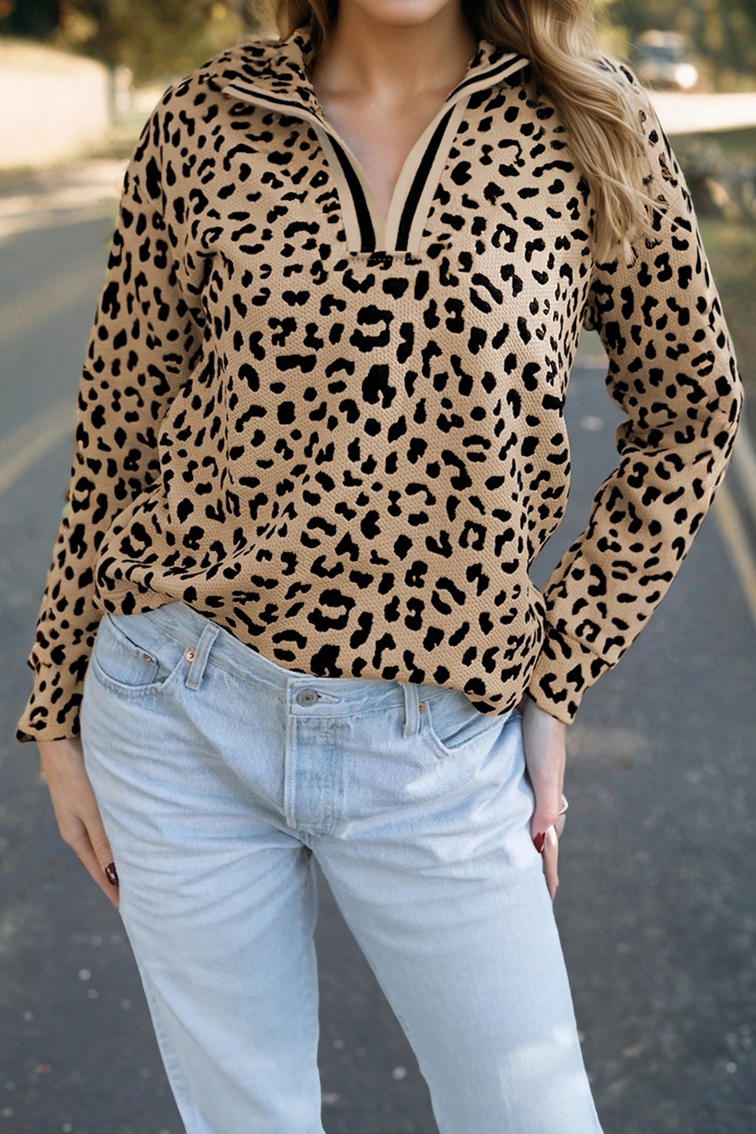 Parchment Leopard Polo Collar V Neck Pullover Top-Tops/Long Sleeve Tops-[Adult]-[Female]-2022 Online Blue Zone Planet
