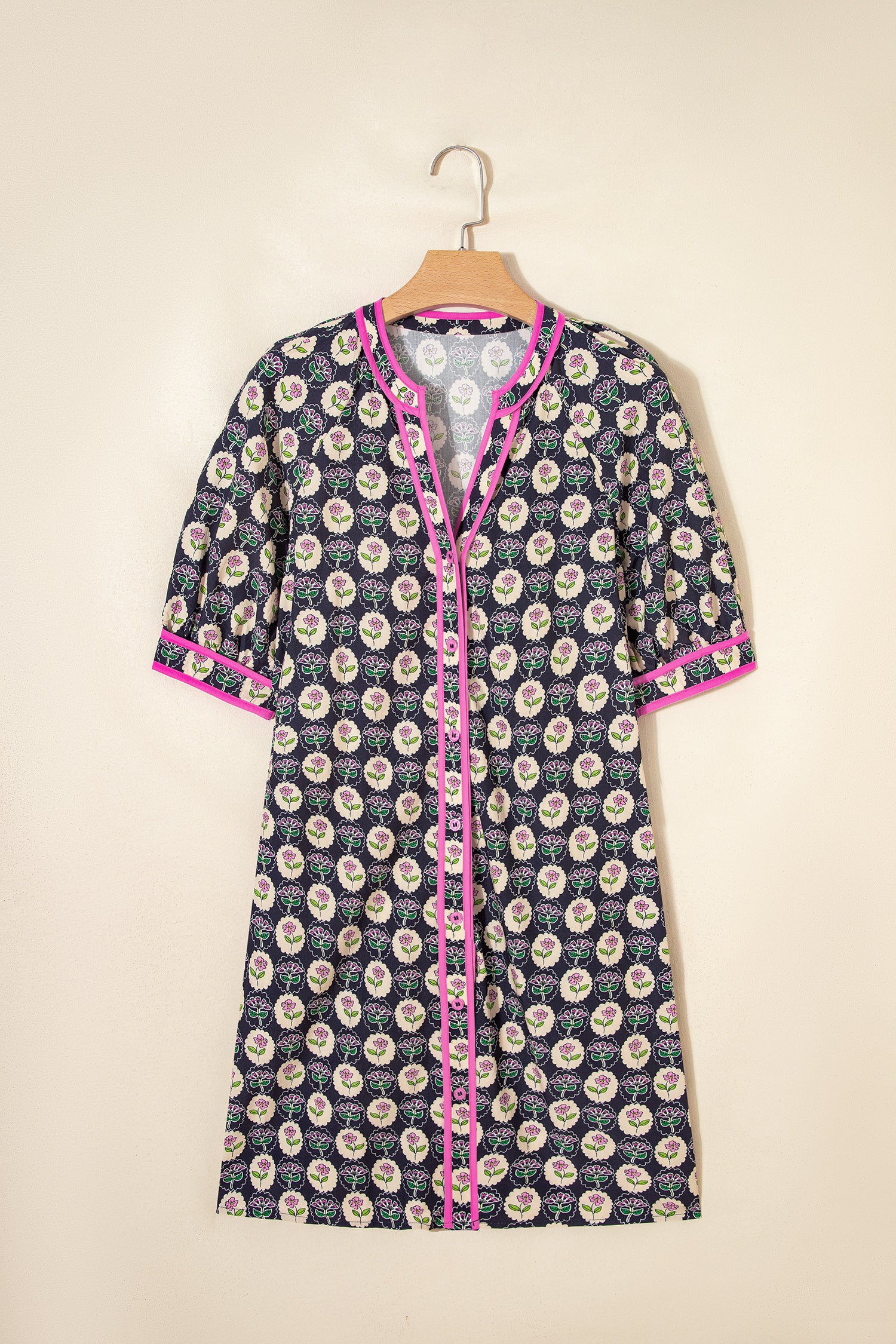 Blue Striped Trim Short Sleeve Vintage Floral Shift Dress-TOPS / DRESSES-[Adult]-[Female]-2022 Online Blue Zone Planet
