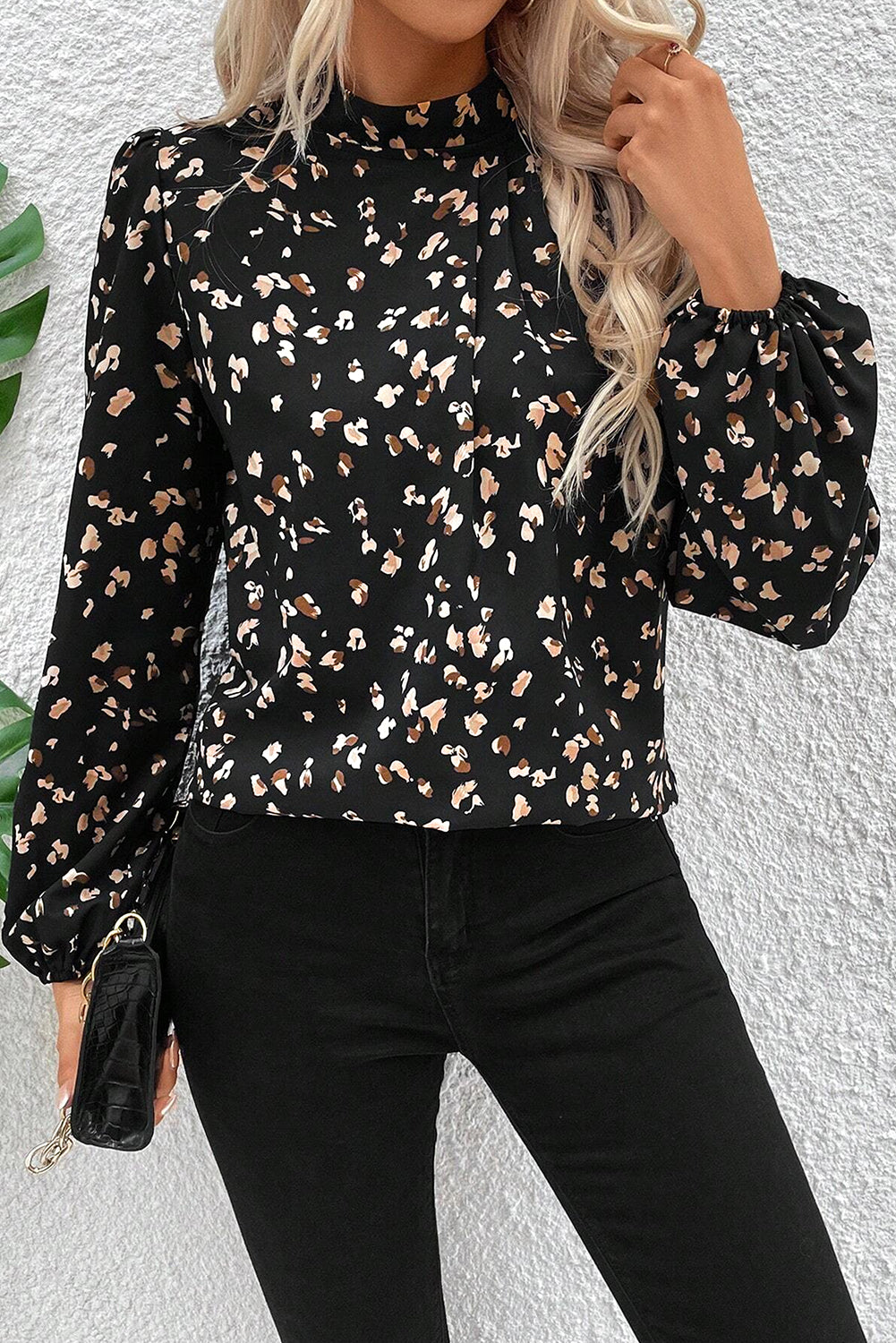 Black Leopard Print Puff Sleeve Mock Neck Pleated Blouse-Blouses-[Adult]-[Female]-2022 Online Blue Zone Planet