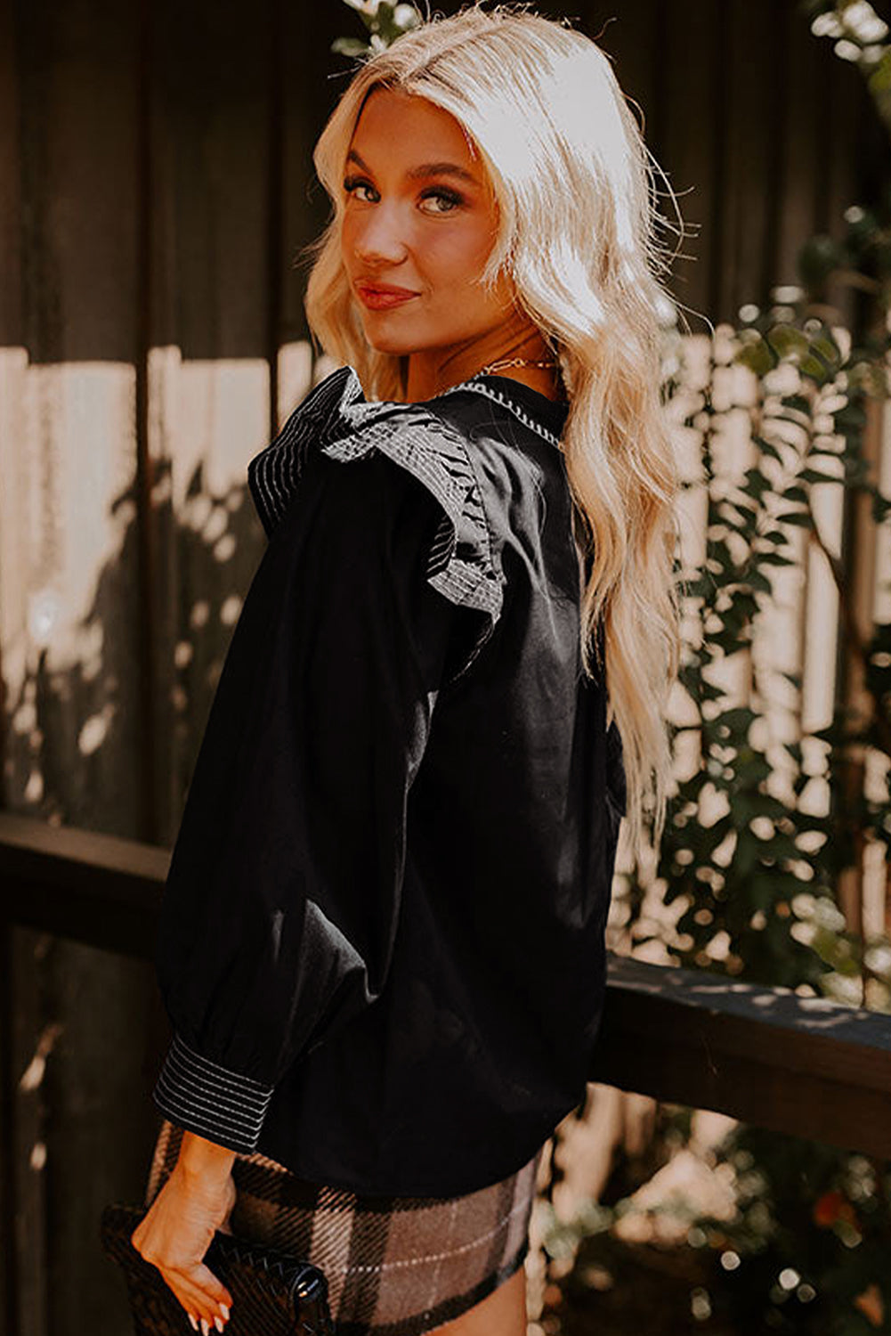 Black Contrast Stitched Detail V Neck Ruffle Long Sleeve Blouse-Tops/Blouses & Shirts-[Adult]-[Female]-2022 Online Blue Zone Planet