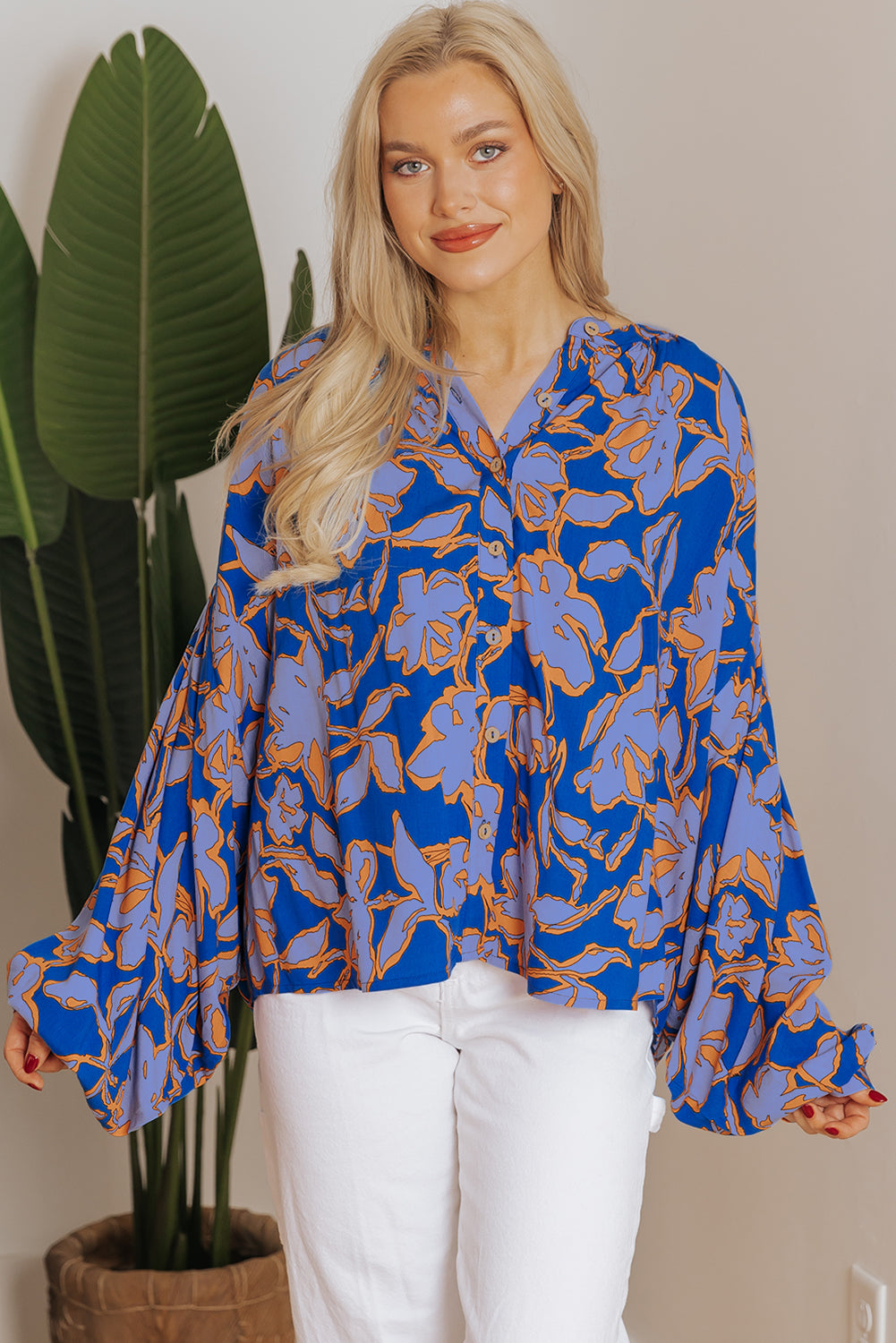 Blue Zone Planet | Blue Floral Print Batwing Sleeve Buttoned Loose Fit Shirt-Tops/Blouses & Shirts-[Adult]-[Female]-2022 Online Blue Zone Planet