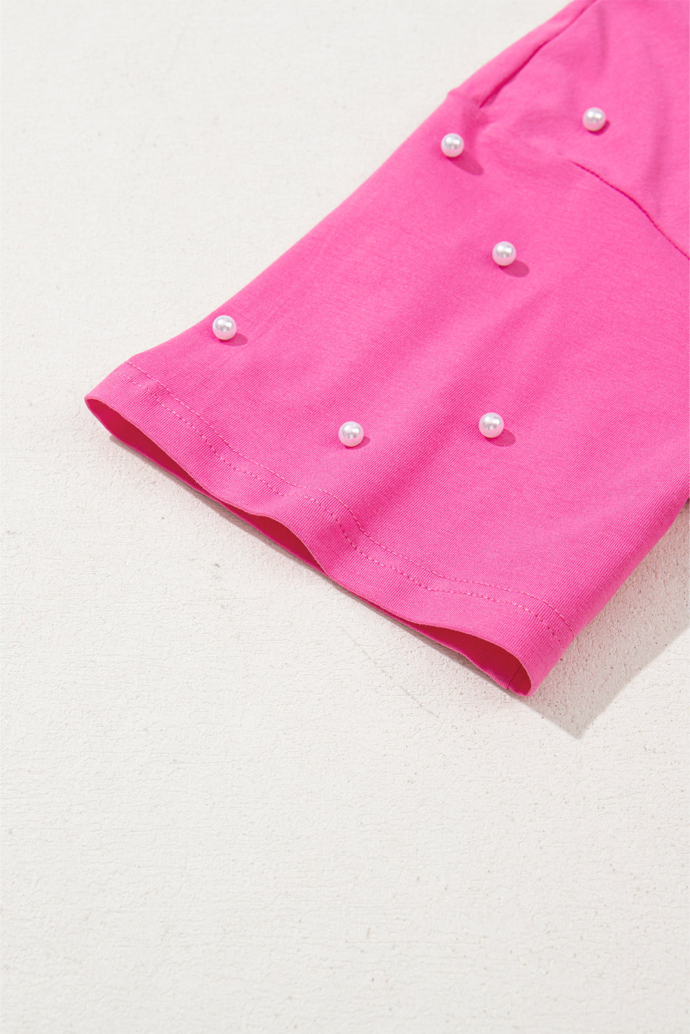 Bright Pink Pearl Beaded Drop Shoulder Crewneck T Shirt-Tops/Tops & Tees-[Adult]-[Female]-2022 Online Blue Zone Planet