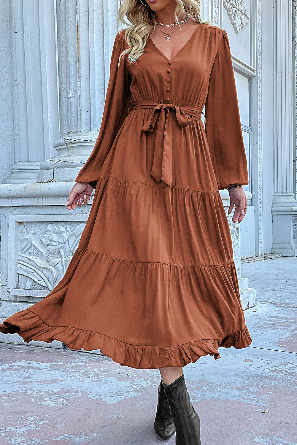 Cinnamon knot Lantern Sleeve Ruffled Hem Pleated Dress-Midi Dresses-[Adult]-[Female]-2022 Online Blue Zone Planet