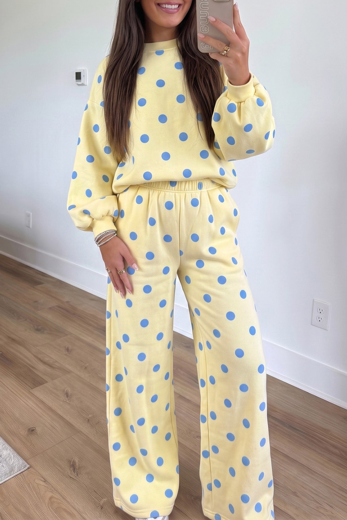 Pink Polka Dot Puff Sleeve Top Casual Pants 2pcs Set-Two Piece Sets/Pant Sets-[Adult]-[Female]-Yellow-S-2022 Online Blue Zone Planet
