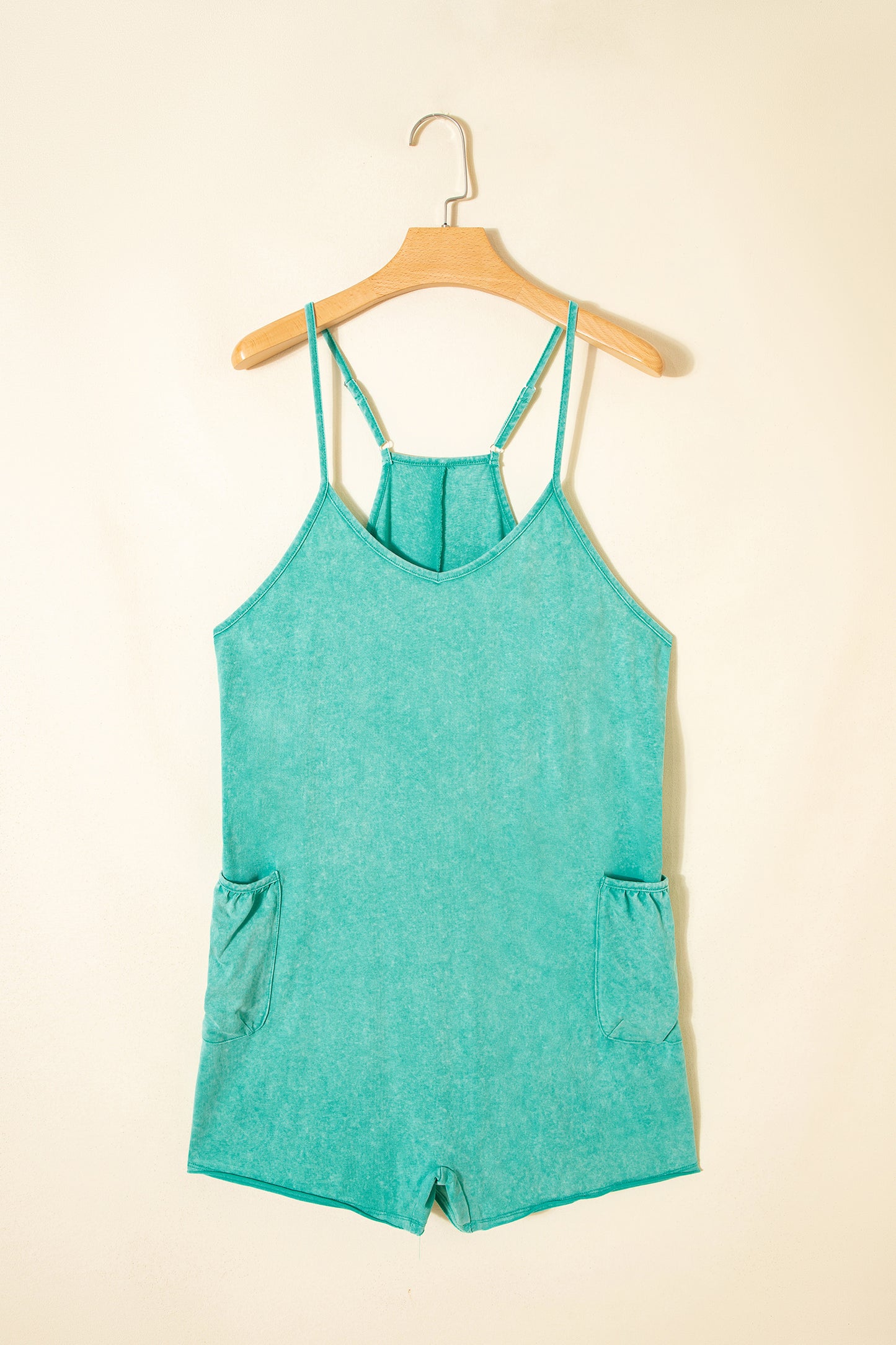 Mint Green Mineral Wash Spaghetti Straps Pocketed Romper-Bottoms/Jumpsuits & Rompers-[Adult]-[Female]-2022 Online Blue Zone Planet