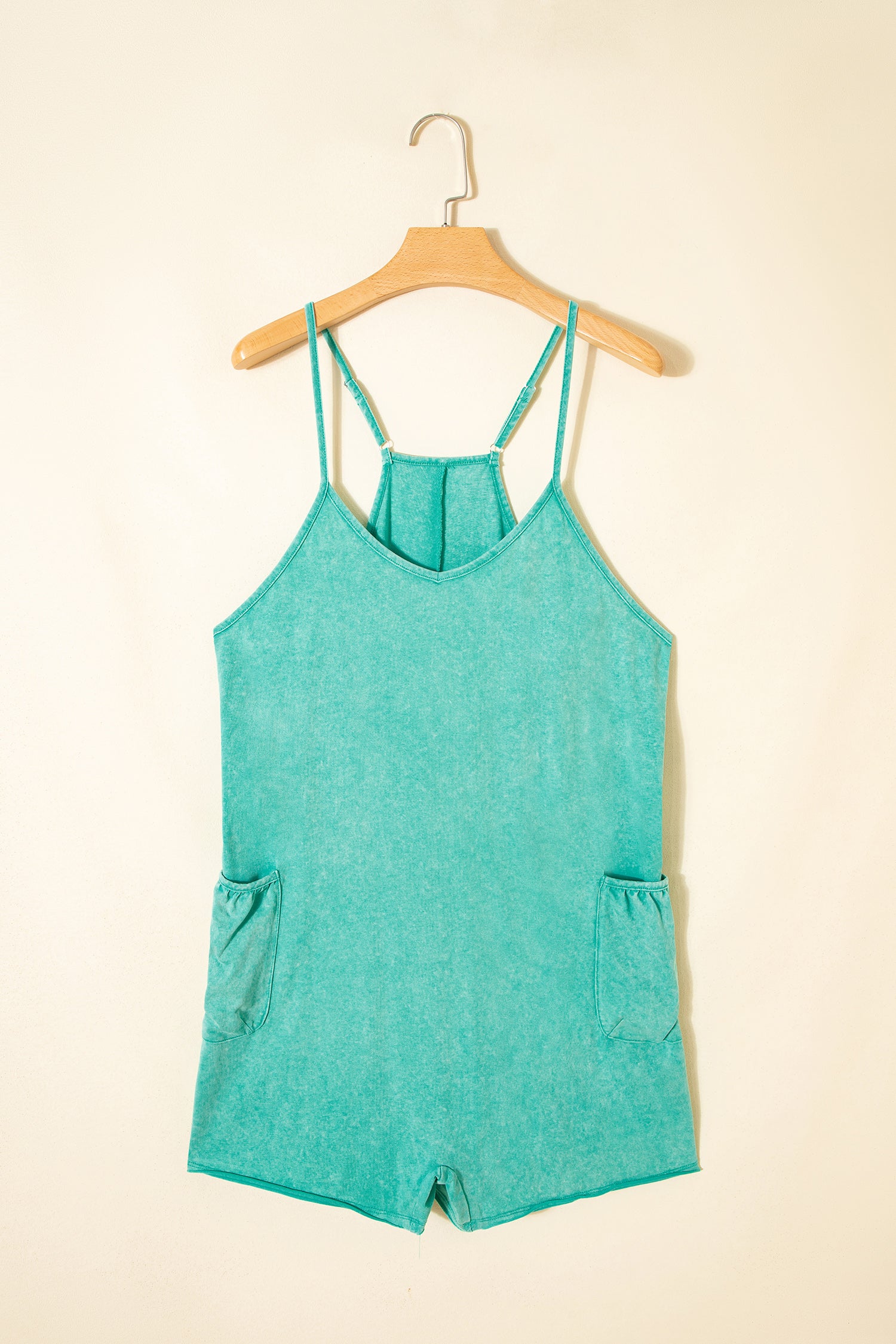 Mint Green Mineral Wash Spaghetti Straps Pocketed Romper-Bottoms/Jumpsuits & Rompers-[Adult]-[Female]-2022 Online Blue Zone Planet