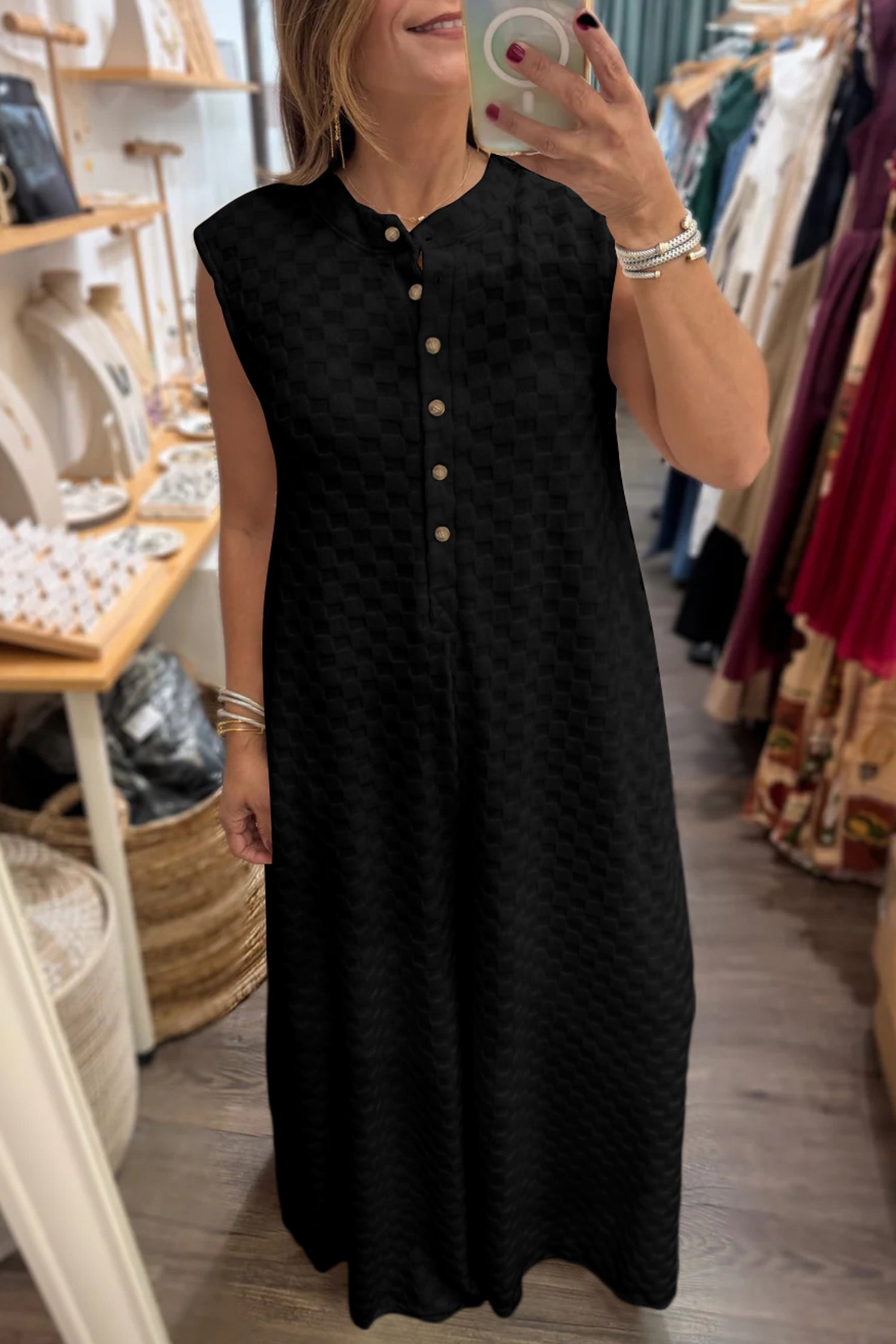 Black Half Buttons Sleeveless Wide Leg Textured Jumpsuit-Bottoms/Jumpsuits & Rompers-[Adult]-[Female]-2022 Online Blue Zone Planet