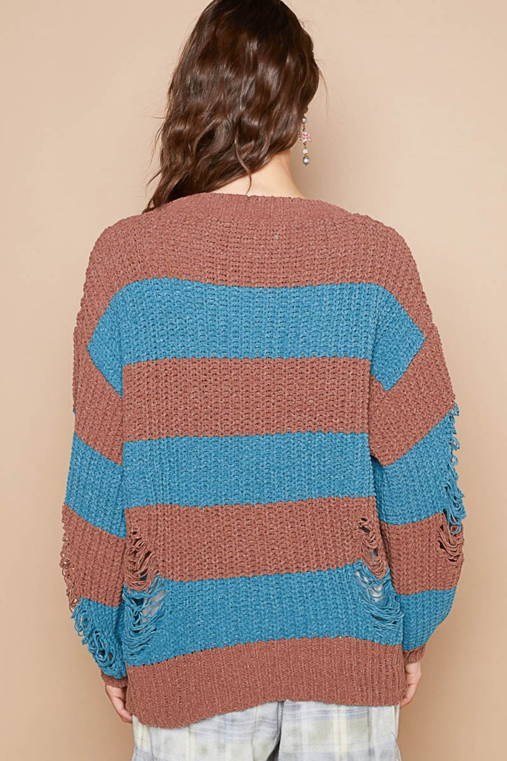 POL Striped Distressed Long Sleeve Sweater-TOPS / DRESSES-[Adult]-[Female]-2022 Online Blue Zone Planet