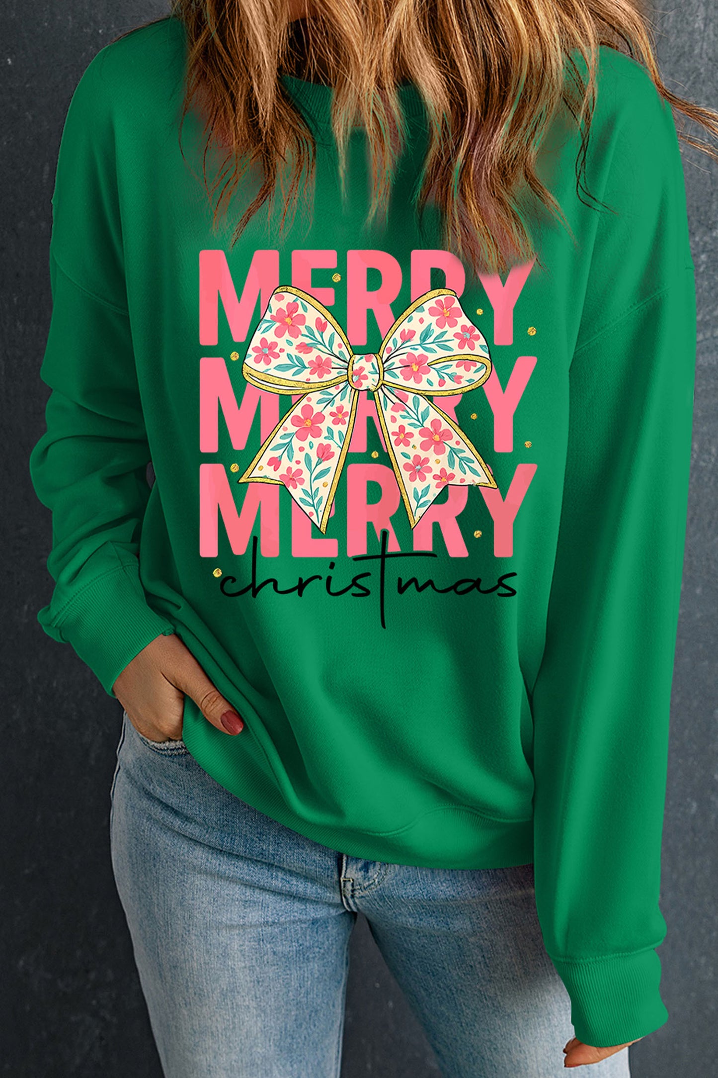 Dark Green MERRY Christmas Floral Bow Graphic Drop Shoulder Sweatshirt-Graphic/Graphic Sweatshirts-[Adult]-[Female]-2022 Online Blue Zone Planet