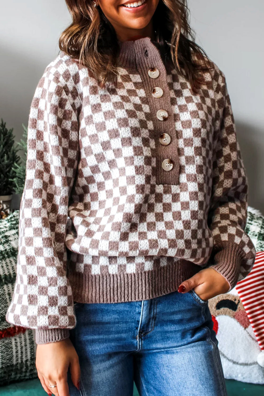 Dark Brown Half Button Ribbed Trim Checkerboard Knit Sweater-Sweaters & Cardigans/Sweaters-[Adult]-[Female]-Dark Brown-S-2022 Online Blue Zone Planet