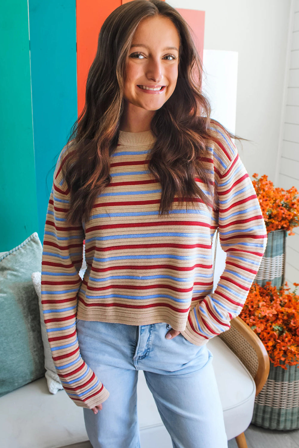 Khaki Stripe Drop Shoulder Cropped Long Sleeve Fall Sweater-Sweaters & Cardigans/Sweaters-[Adult]-[Female]-2022 Online Blue Zone Planet