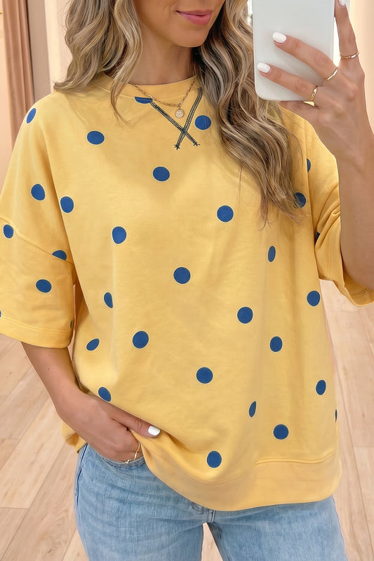 Yellow Polka Dot Print Crossed Seam Detail Oversize Tee-Tops/Tops & Tees-[Adult]-[Female]-Yellow-S-2022 Online Blue Zone Planet