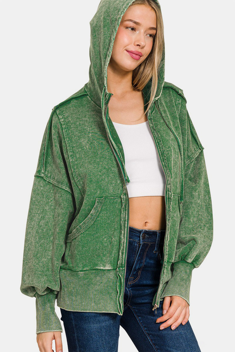 Blue Zone Planet | Zenana Acid Washed French Terry Zip-Up Hoodie with Pockets-TOPS / DRESSES-[Adult]-[Female]-Dk Green-S/M-2022 Online Blue Zone Planet