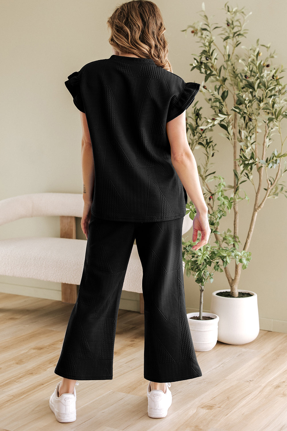 Blue Zone Planet | Dark Blue Ruffled Sleeve Summer Top And Cropped Loose Pants Set-Two Piece Sets/Pant Sets-[Adult]-[Female]-2022 Online Blue Zone Planet