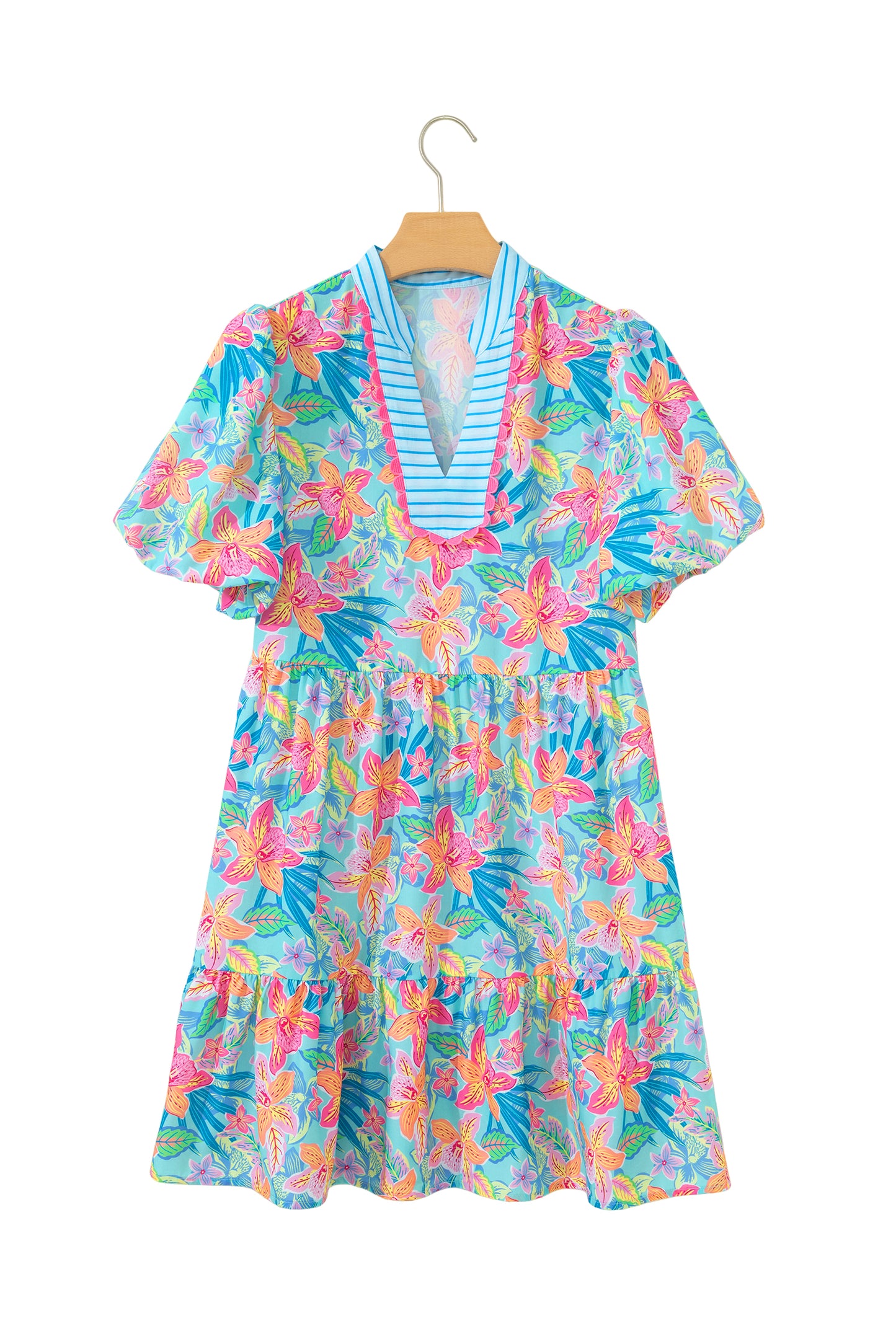 Multicolour Floral Print Contrast Scallop Striped Trim V Neck Dress-TOPS / DRESSES-[Adult]-[Female]-2022 Online Blue Zone Planet