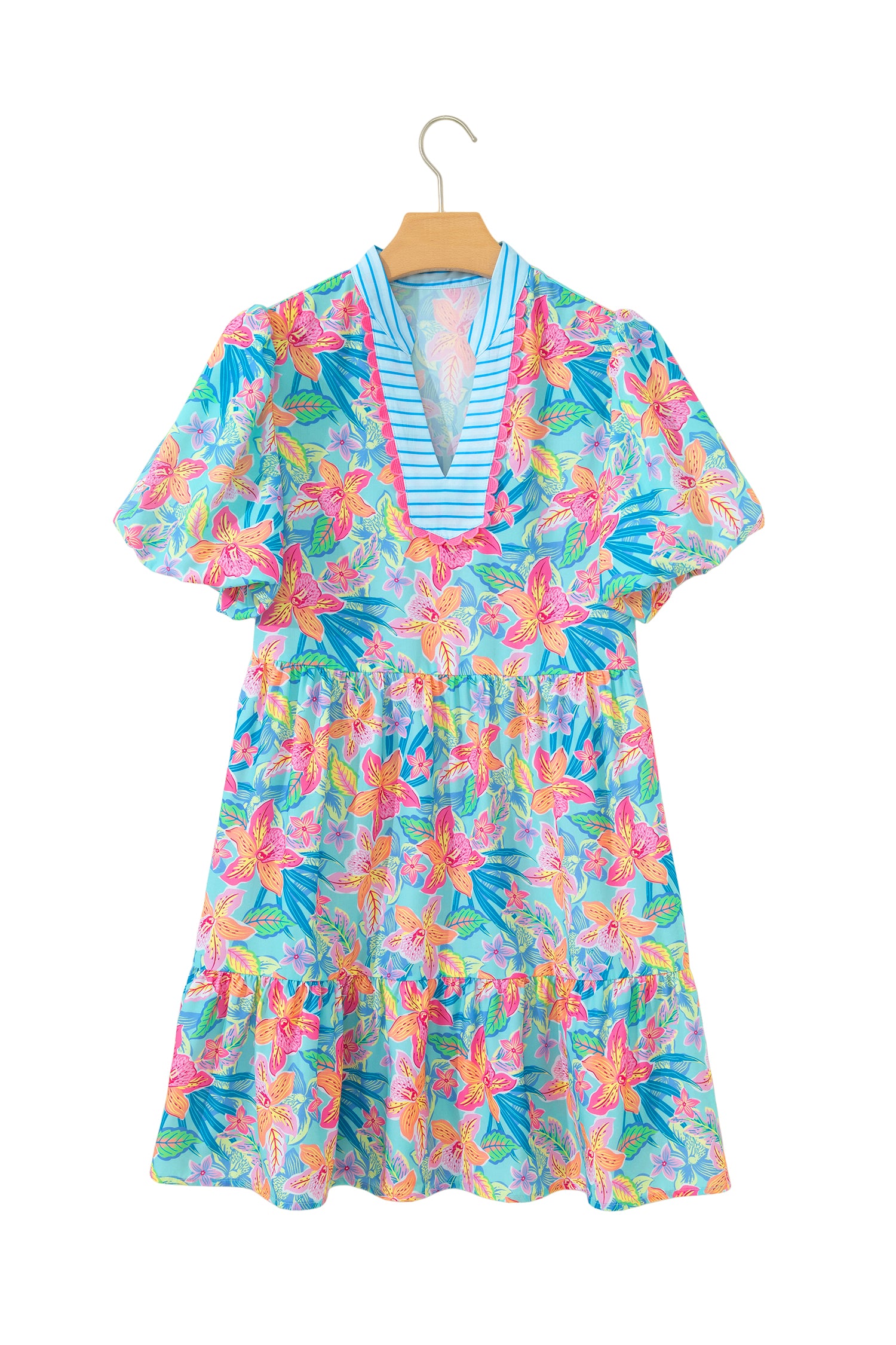 Multicolour Floral Print Contrast Scallop Striped Trim V Neck Dress-TOPS / DRESSES-[Adult]-[Female]-2022 Online Blue Zone Planet