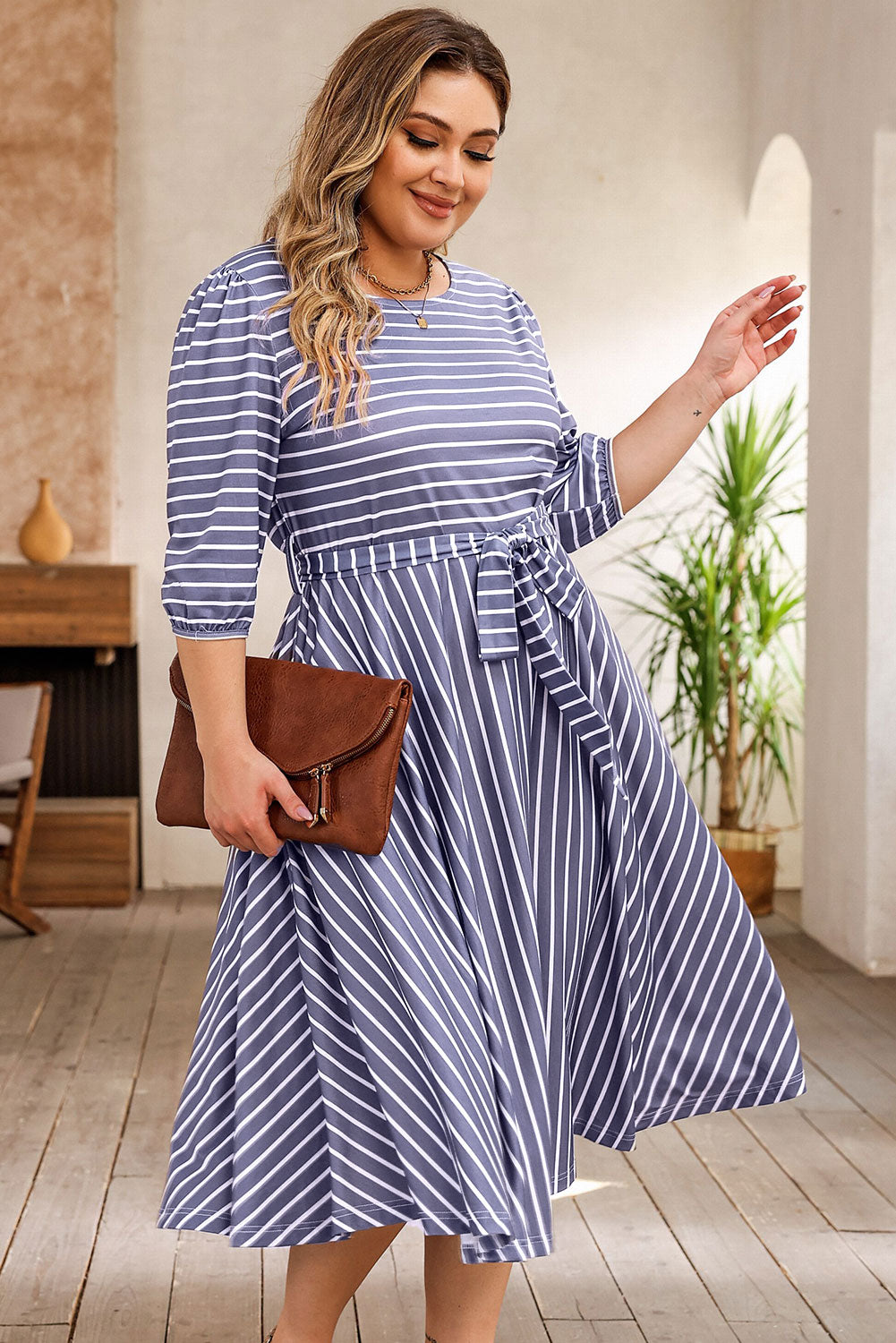 Gray Striped Tie Waist 3/4 Sleeve Plus Size Dress-TOPS / DRESSES-[Adult]-[Female]-2022 Online Blue Zone Planet