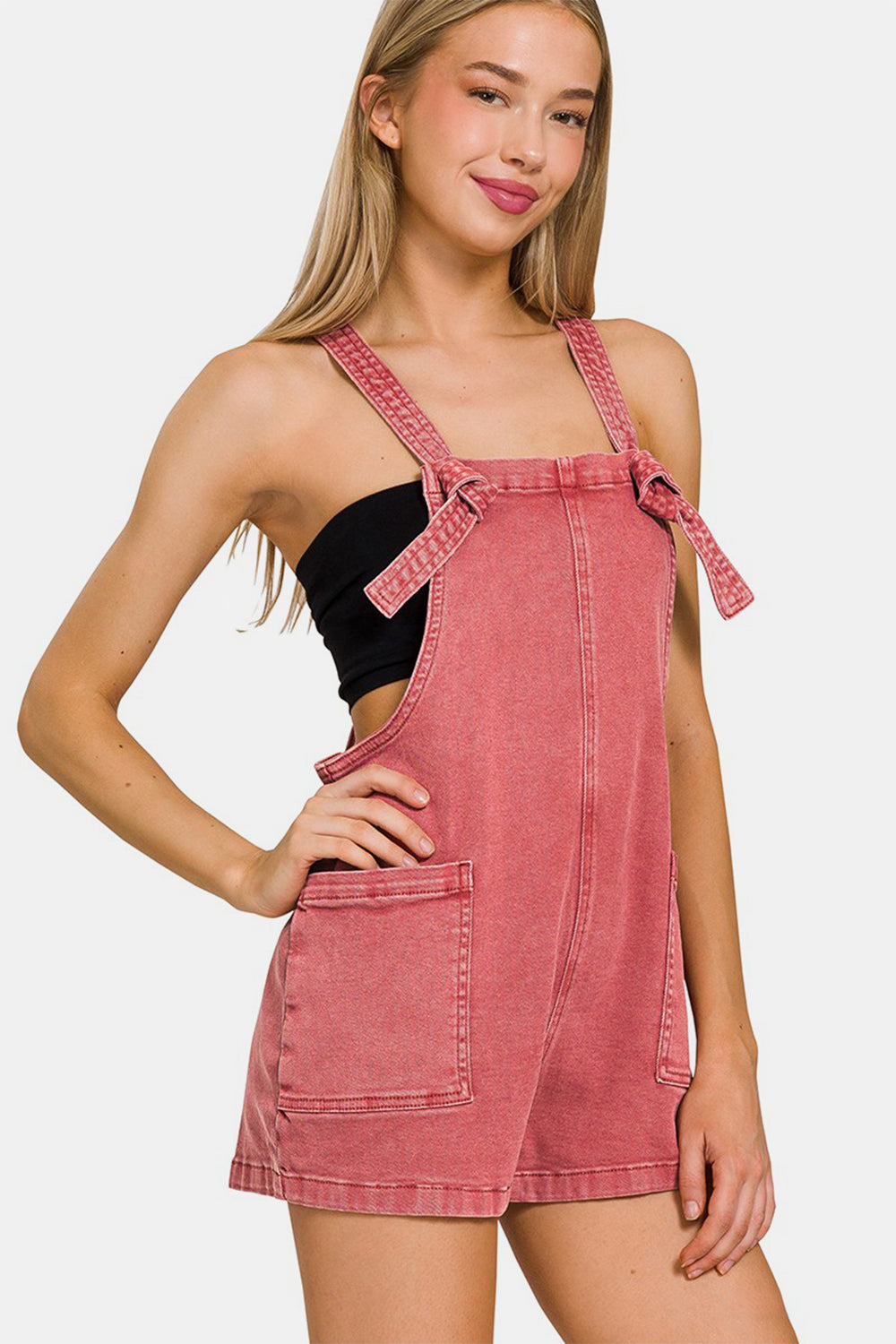 Zenana Washed Knot Strap Rompers-TOPS / DRESSES-[Adult]-[Female]-CABERNET-S-2022 Online Blue Zone Planet