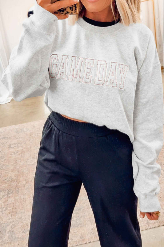 Light Grey Game Day Letter Embroidery Long Sleeve Round Neck Sweatshirt-Tops/Sweatshirts & Hoodies-[Adult]-[Female]-Light Grey-S-2022 Online Blue Zone Planet