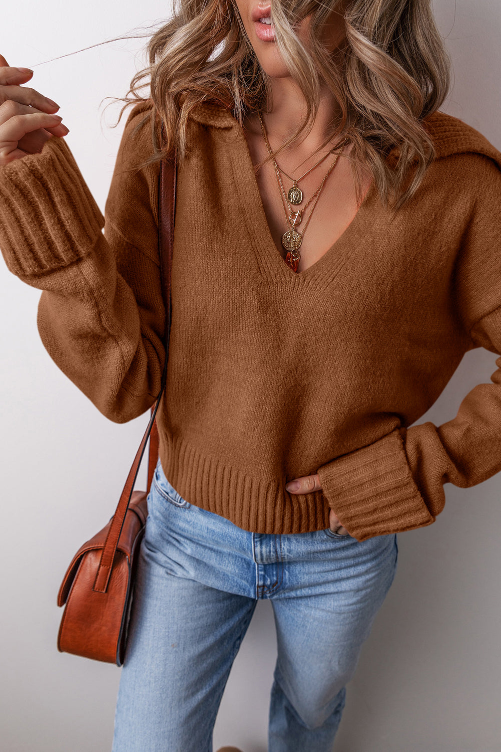 Chestnut Collared V Neck Ribbed Edge Sexy Elegant Sweater-Sweaters & Cardigans/Sweaters-[Adult]-[Female]-2022 Online Blue Zone Planet