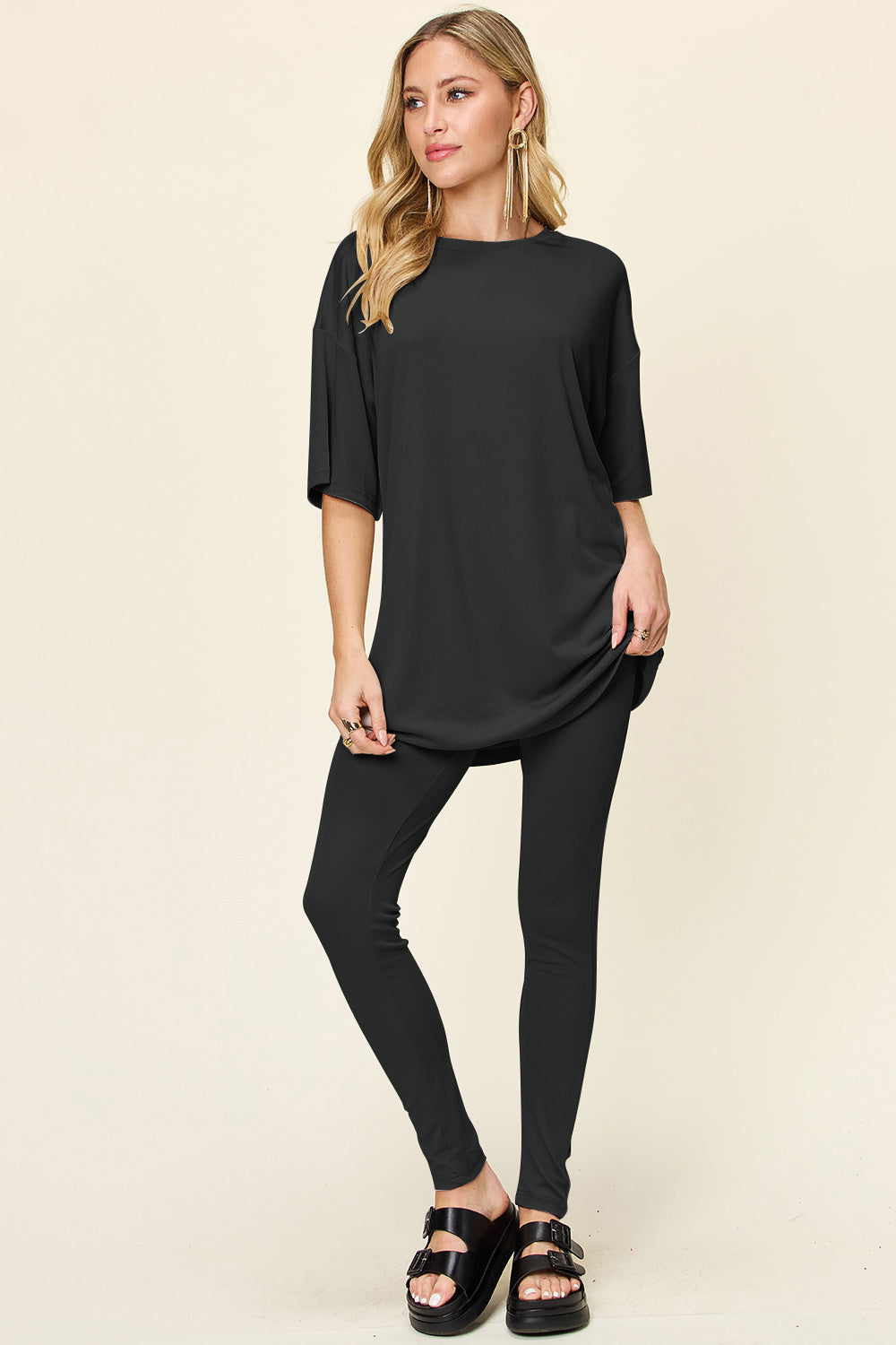 Double Take Full Size Round Neck Dropped Shoulder T-Shirt and Leggings Set-TOPS / DRESSES-[Adult]-[Female]-Black-S-2022 Online Blue Zone Planet